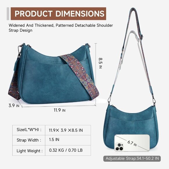 Women's Peacock Blue Imported Leather Crossbody With Adjustable Strap Handbag - Picture 6 of 6